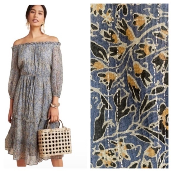 Anthropologie Dresses & Skirts - Anthropologie Blue Floral Kira Smocked Off The Shoulder Boho Peasant Dress